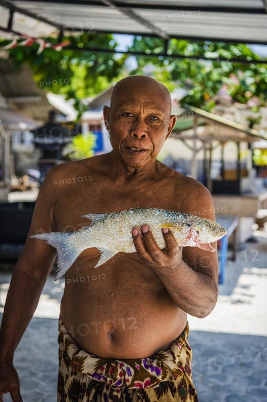 Indonesian fishmonger at a market, fish, man, food, foodstuff, local, travel, long distance, portrait, human, single, free upper body, presents, holding, showing, shows, catch, fishing, seafood, looking, joyful, market, trade, exotic, market stall, fresh, animal, sea, sea animal, travel photo, Bali, Indonesia, Asia