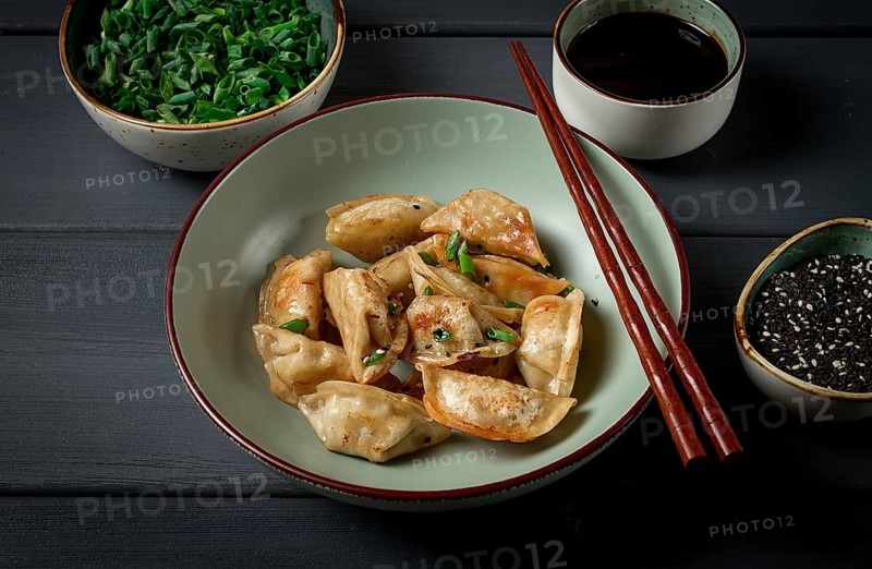 Japanese fried gyoza dumplings, with pork, sesame seeds, green onions