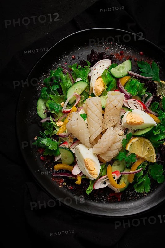 Salad of squid and vegetables, with egg, homemade, no people