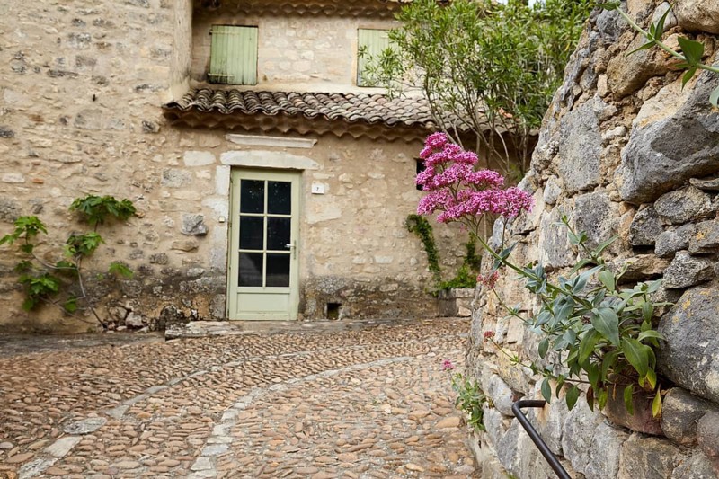 Natural stone wall with a red spur flower (Centranthus ruber) and old house with a door and roof in La Roque-sur-Cèze, Gard department, Occitanie region, France, Europe