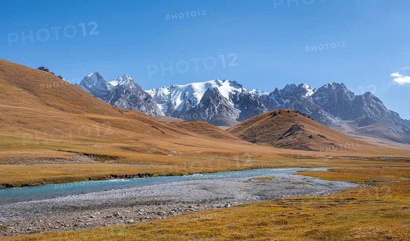 Mountain landscape with yellow meadows, Kol Suu River and mountain peaks with glaciers, Keltan Mountains, Sary Beles Mountains, Tien Shan, Naryn Province, Kyrgyzstan, Asia
