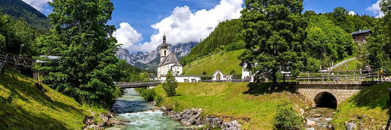 Church of St Sebastian in the Bavarian Alps Panorama in Ramsau near Berchtesgaden, Germany, Europe