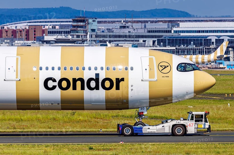 A Condor Airbus A330-900 aircraft with the registration number D-ANRO at Frankfurt Airport, Germany, Europe