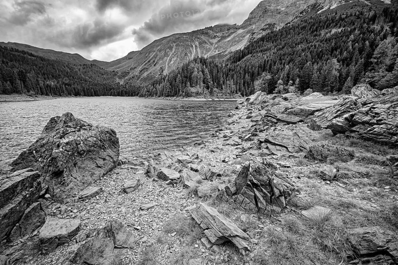 Obernberger See, mountain lake, landscape of the Stubai Alps, weather mood, cloud mood, black and white photo, Obernberg am Brenner, Tyrol, Austria, Europe