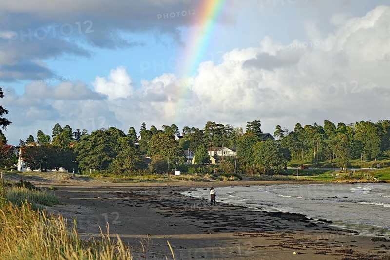 Beach landscape with rainbow and clouds over the sea and scattered green trees in the background, Tönsberg, Oslofjord, Norway, Europe