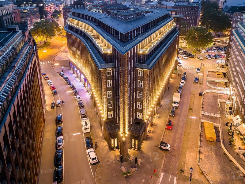 Aerial view of the Kontorhaus Chilehaus in Hamburg's Kontorhaus district at the blue hour, Hamburg, Germany, Europe