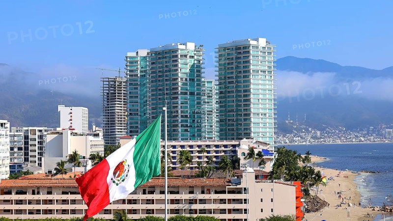 Mexico, panoramic view of Puerto Vallarta near sea promenade Malecon, beaches and historic center, Central America