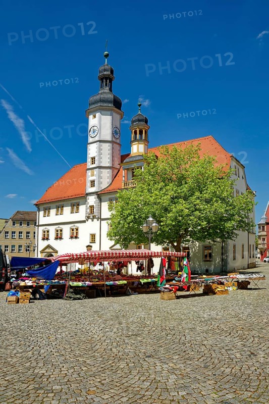 Eisenberg town hall from the 16th century on the market square, old town of Eisenberg, Saale-Holzland district, Thuringia, Germany, Europe