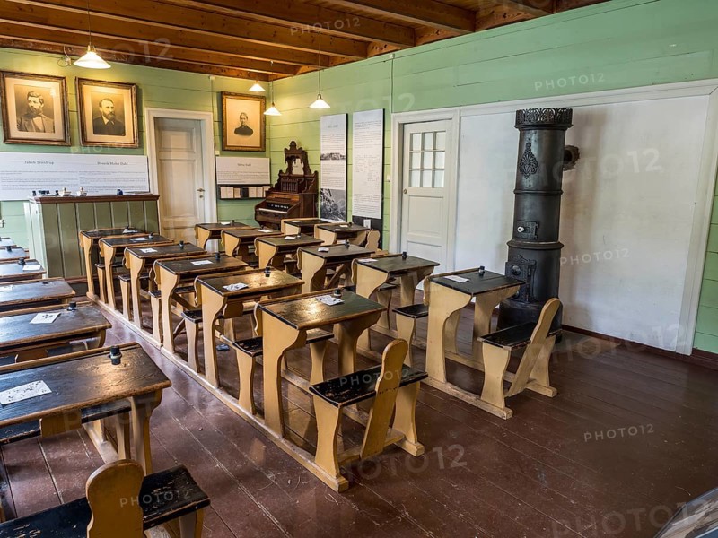 School classroom, De Heibergske Samlinger, museum at Kaupanger near the Sognefjord, traditional living, Norway, Europe