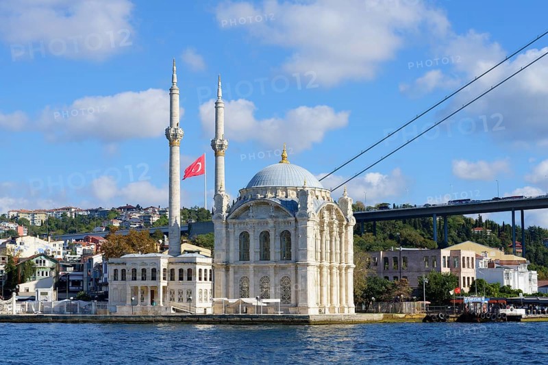 Ortakoy Mosque or Grand Mecidiye Mosque under the Bosphorus Bridge, Besiktas, Istanbul, Turkey, Asia