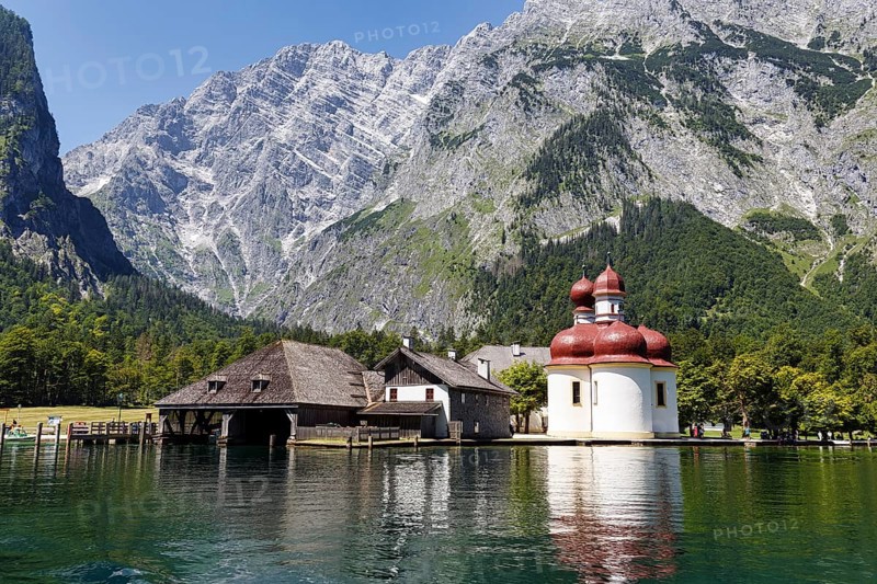 Pilgrimage church St. Bartholomä at Königssee in front of the Watzmann, Berchtesgaden National Park, Berchtesgadener Land, Upper Bavaria, Bavaria, Germany, Europe