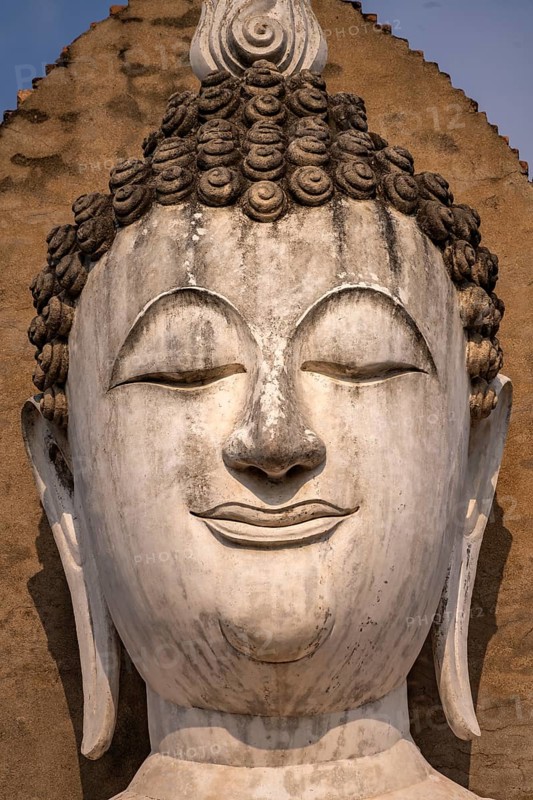 Buddha head in the central Buddhist temple Wat Mahathat, UNESCO World Heritage Sukhothai Historical Park, Thailand, Asia