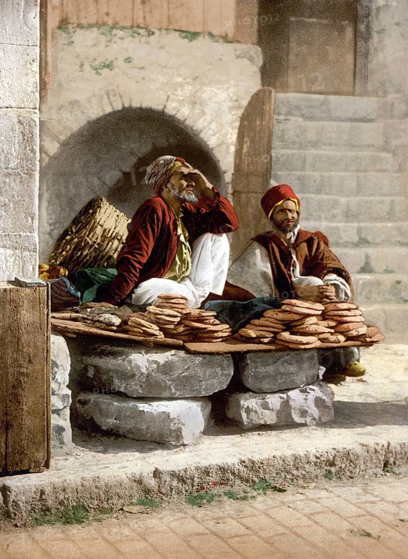Bread seller in Jerusalem, today Israel, Historical, digitally restored reproduction from a 19th century original, Record date not stated
