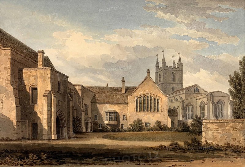 South East View of the Church and Palace at Croydon, Surrey, England, digitally restored reproduction of a 19th-century original by John Buckler, Record date not stated, South East View of the Church and Palace at Croydon, digitally restored reproduction of a 19th-century original, Record date not stated