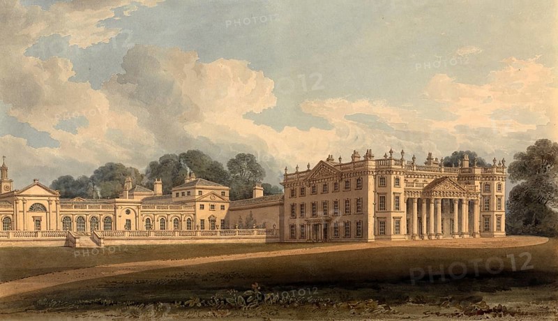 Bowood is a heritage-protected Georgian country house in Wiltshire, England, which has been owned by the Fitzmaurice family for more than 250 years. Digitally restored reproduction of a 19th century original by John Buckler. Record date not stated, Bowood is a Grade I heritage-protected Georgian country house in Wiltshire, that has been owned for more than 250 years by the Fitzmaurice family, digitally restored reproduction of a 19th-century original, Record date not stated