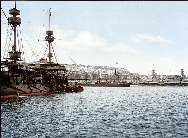 Harbour with warships, Algiers, Algeria, ca 1890, Historical, digitally restored reproduction from a 19th century original, Record date not stated, Africa