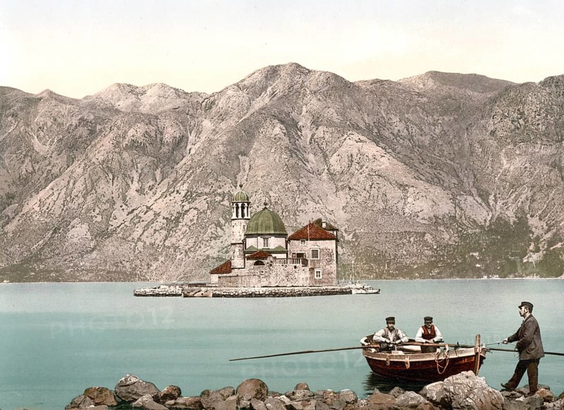 Perasto, now Perast, Rock of the Madonna, Dalmatia, Croatia, Austro-Hungary, digitally restored reproduction from a 19th century original, record date not stated, now Perast, Rock of the Madonna, Dalmatia, Croatia, Austro-Hungary, digitally restored reproduction from a 19th century original, record date not stated, Europe