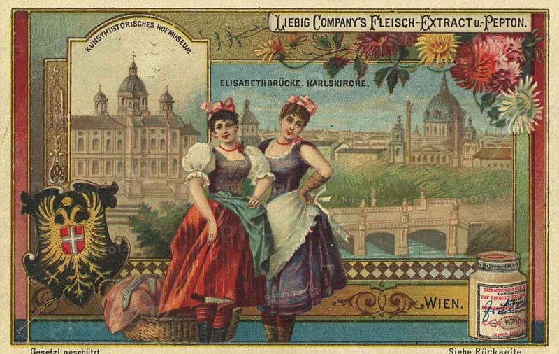 Picture series Cities and sights, Kunsthistorisches Museum in Vienna, Austria, Liebig picture, digitally restored reproduction of a collector's picture from around 1900, public domain, exact date unknown, Two woman in traditional dress in front of the Elisabeth Bridge and St Charles' Church in Vienna, framed by flowers and a coat of arms, Europe