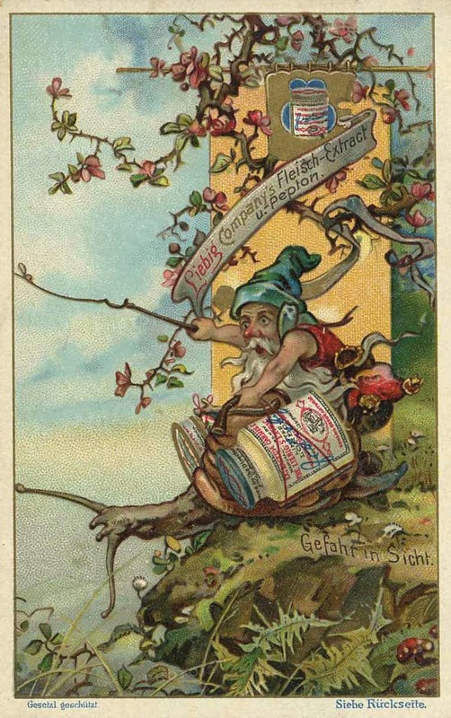 Picture series In the world of dwarves, Danger in sight, Dwarf transports glass on a snail, Liebig picture, digitally restored reproduction of a collector's picture from ca 1900, public domain, exact date unknown, A dwarf sits on a cliff with a tree, holding meat extract container