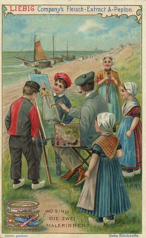 Series of search pictures, Where are the two painters, Liebig picture, digitally restored reproduction of a collector's picture from ca 1900, public domain, exact date unknown, artist paints on the coast, surrounded by children and adults, relaxed scene
