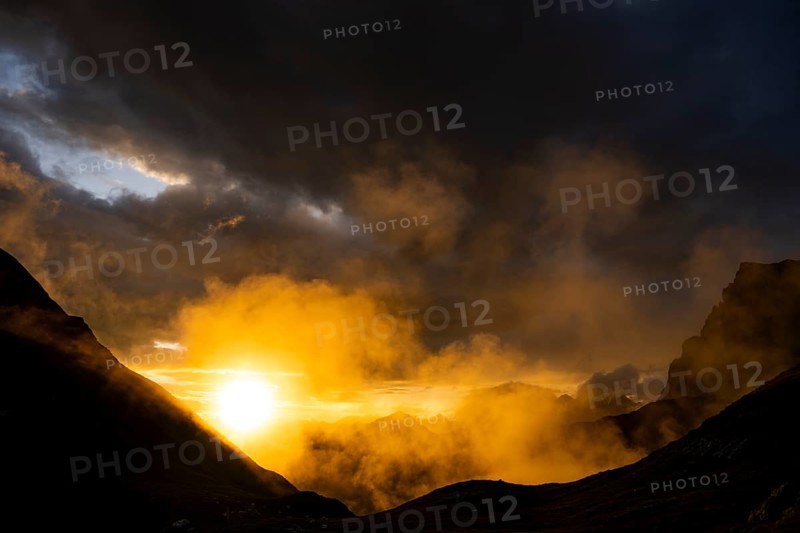 Montafon mountains with dramatic cloudy sky at sunset, Tschagguns, Rätikon, Montafon, Vorarlberg, Austria, Europe