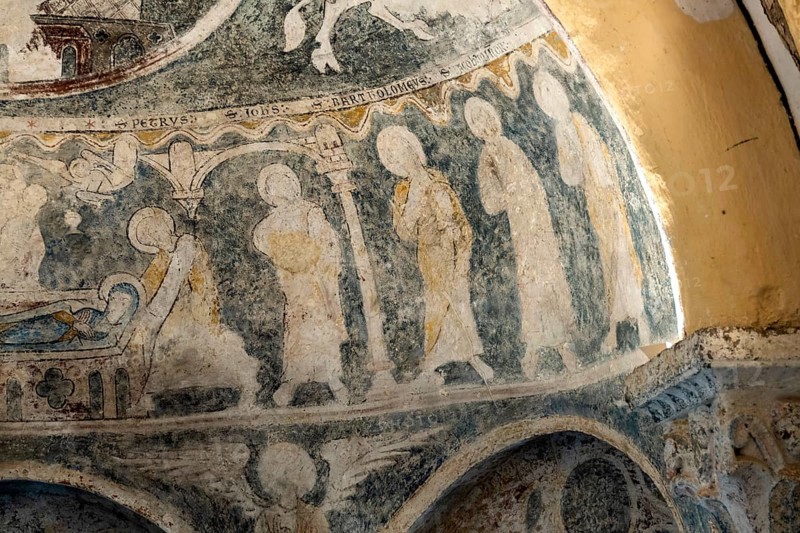 Aubazat. Wall paintings of the Romanesque style in Saint-Barthélemy chapel located in Peyrusse, Haute-Loire, Auvergne-Rhone-Alpes, Franc