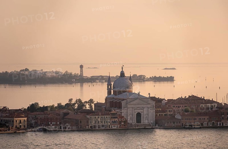 Church Chiesa del Santissimo Redentore on the island of Guidecca at sunset, Guidecca Canal, view from the bell tower Campanile di San Marco, city view of Venice, Veneto, Italy, Europe