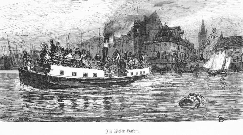 Fully occupied excursion boat on the Kiel Fjord, pleasure, leisure, steamboat, old town, sailing boat, wooden barrel, Schleswig-Holstein, Germany, historical illustration 1880, Europe