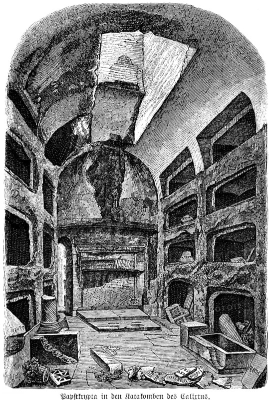 Papal crypt in the catacombs of Calixtus Theodotus, lower church, Christian, underground vault for saints' graves, reliquaries, altars, historical illustration 1880