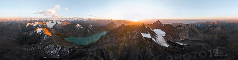 Evening mood, mountain panorama, aerial view, 4000 metre peak with glacier, mountain pass and mountain lake Ala-Kul Lake, Tien Shan, Kyrgyzstan, Asia