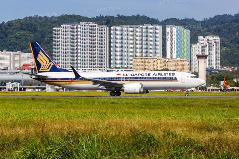 A Boeing 737 MAX 8 aircraft of Singapore Airlines with the registration 9V-MBE at Penang Airport, Malaysia, Asia