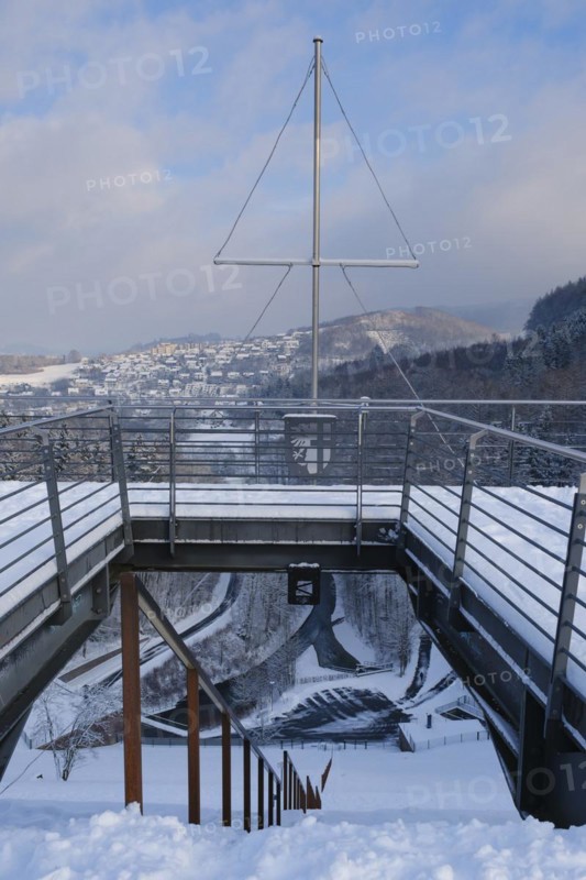 Viewing platform with snow above the Himmelstreppe, Henne-Boulevard, Meschede, Naturpark Sauerland-Rothaargebirge, Sauerland, North Rhine-Westphalia, Germany, Europe