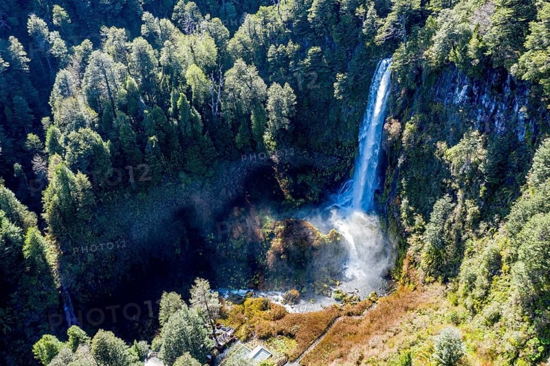 Aerial view of waterfall Salto El Leon, valley of waterfalls east of Pucon, Chile, South America