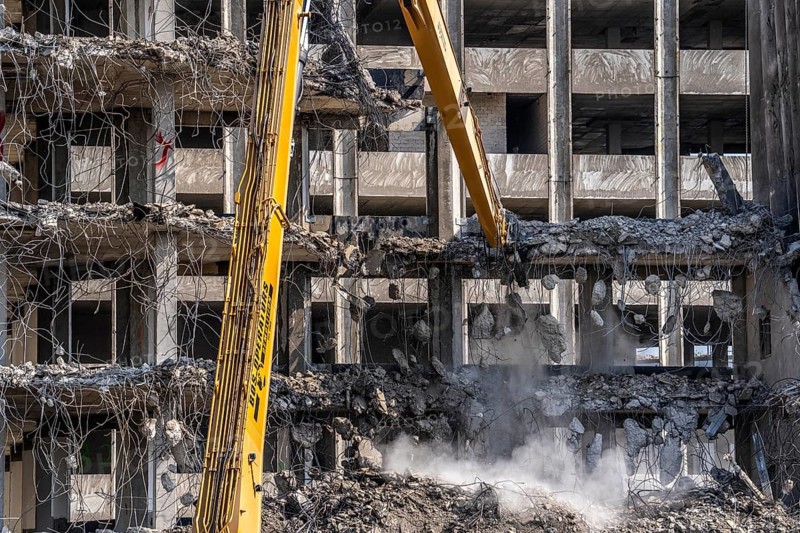 Construction site on Haroldstraße, demolition of a former office building, after complete gutting only the concrete parts remain, large excavator with cutting pliers cuts up concrete parts, steel wire, Düsseldorf, North Rhine-Westphalia, Germany, Europe