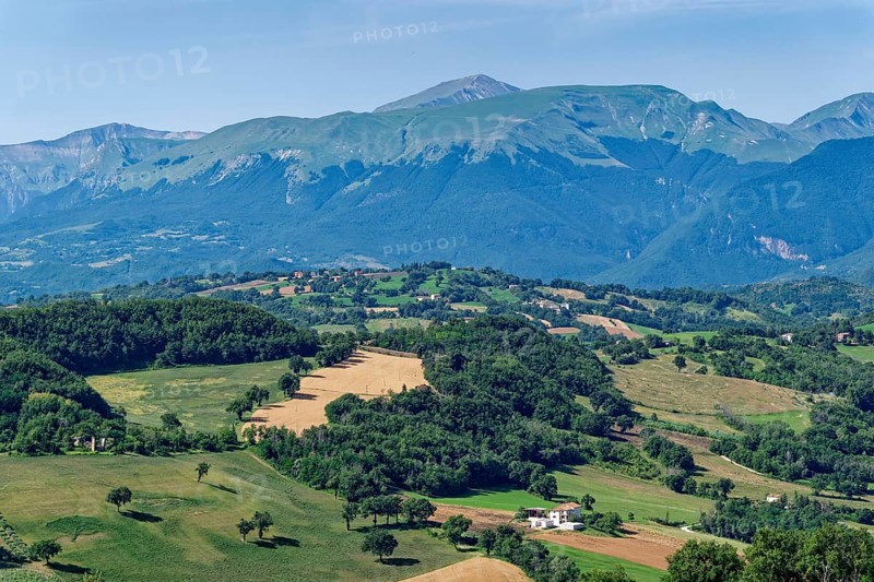 Landscape in the Marche region near San Ginesio and in the background the mountain range of the Marche Apennines