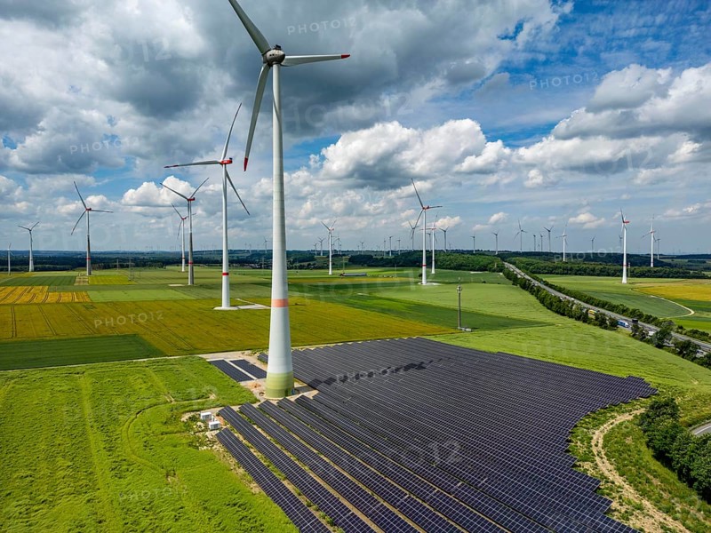 Wind farm near Marsberg, photovoltaic system, utilisation of land for renewable energies, Hochsauerlandkreis, North Rhine-Westphalia, Germany, Europe