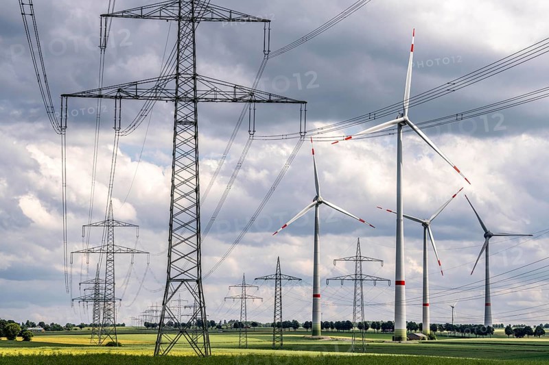 Wind farm north-east of Marsberg, Hochsauerlandkreis, high-voltage line, electricity pylons, North Rhine-Westphalia, Germany, Europe