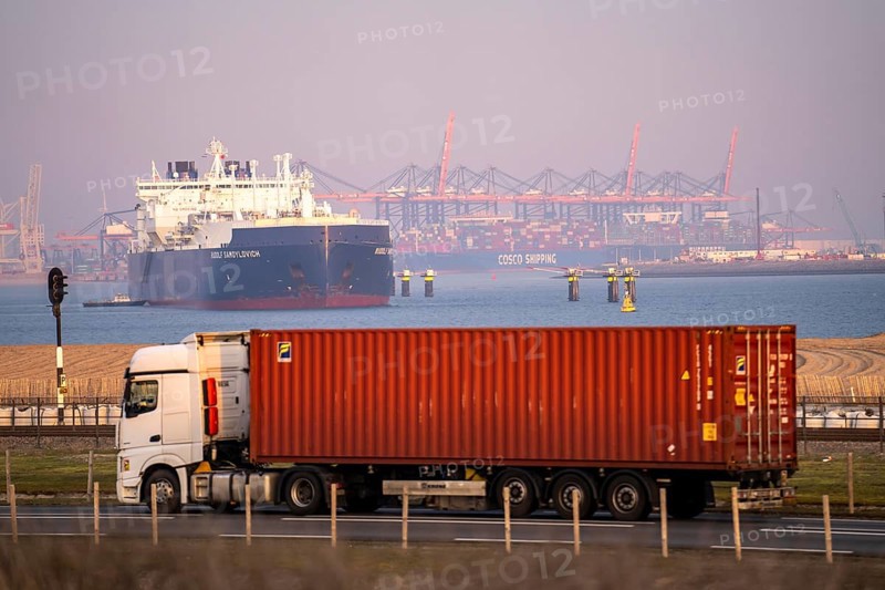 LNG tanker Rudolf Samoylovich, for liquefied natural gas in the seaport of Rotterdam, Maasvlakte2, container lorry, Rotterdam Netherlands