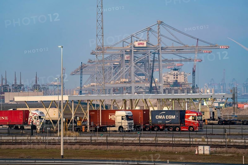 Port of Maasvlakte2, entry and exit control to RWG Container Terminal, container lorries pick up and bring containers to and from the container terminal, Rotterdam, Netherlands