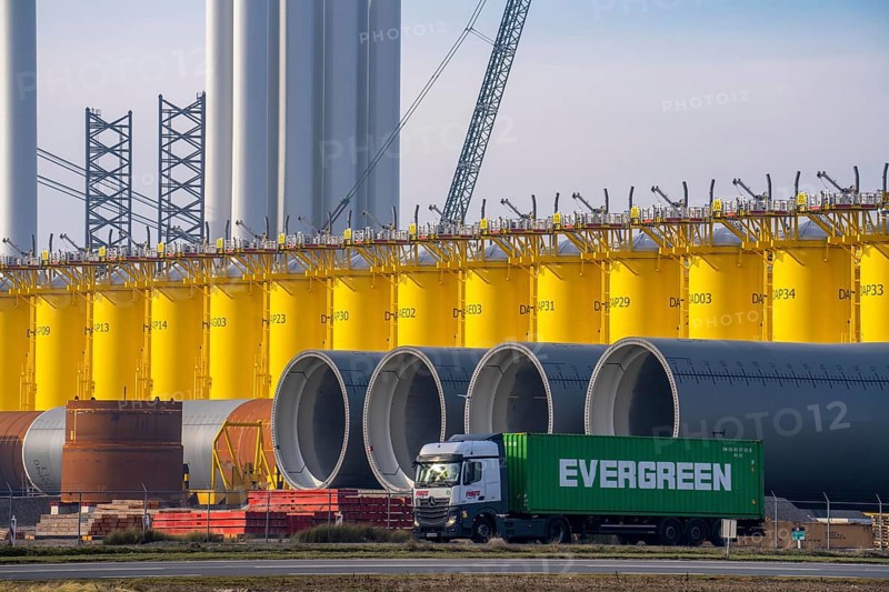 SIF Offshore Foundaitons, production of foundations for offshore wind turbines, the wind turbines are mounted on these pipes, which are installed in the seabed at depths of up to 60 metres, production plant in the seaport of Rotterdam, Maasvlakte 2, Rotterdam Netherlands