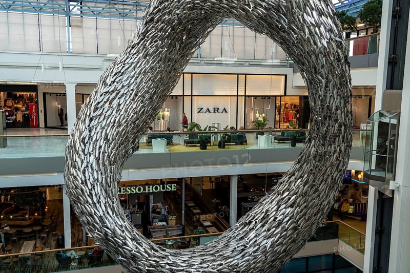 Fisketorvet, Copenhagen Mall, shopping centre, Kalvebod Brygge district, artwork Shoal No. 8, school of fish made of steel, in Copenhagen, Denmark, Europe