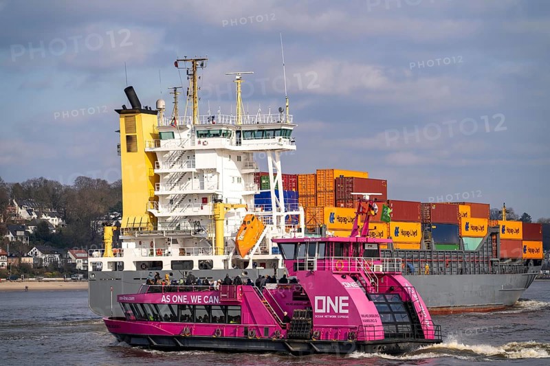 Hadag harbour ferry on the Elbe, container ship, feeder ship, height Övelgönne, Hamburg, Germany, Europe