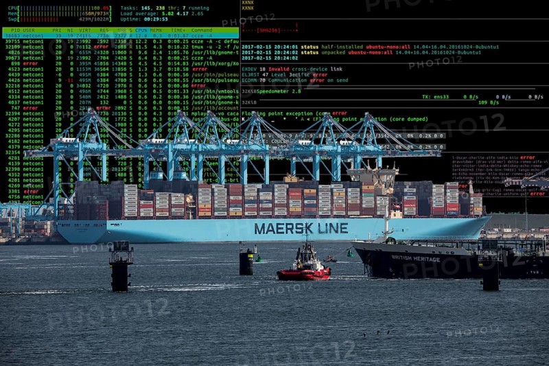 Symbolic image cyber attack, computer crime, cybercrime, computer hackers attack the IT infrastructure of a city, Maasvlake container harbour, Rotterdam, Netherlands