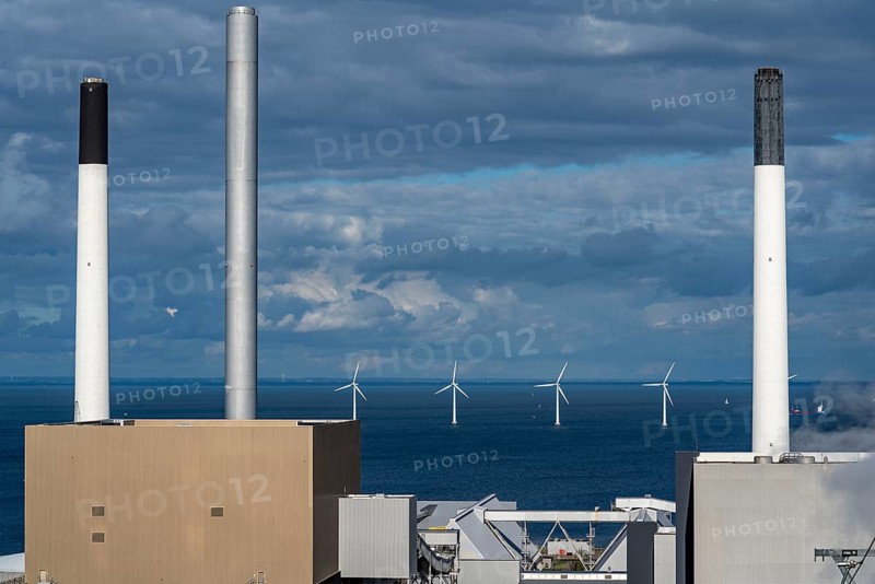 Wind turbines, offshore wind farm east of Copenhagen, in the Øresund, Amager power station is a fossil and biogenic-fuelled combined heat and power plant on the island of Amager, operated by the Danish company HOFOR, Copenhagen