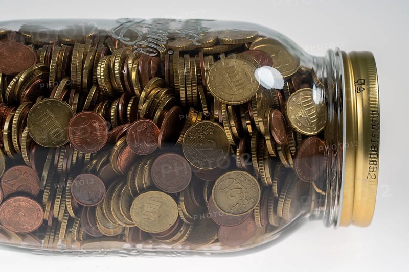 Coins, euro coins, cent coins, one cent, two cent, five cent, ten cent, twenty cent, fifty cent, money coins, collected in a storage jar