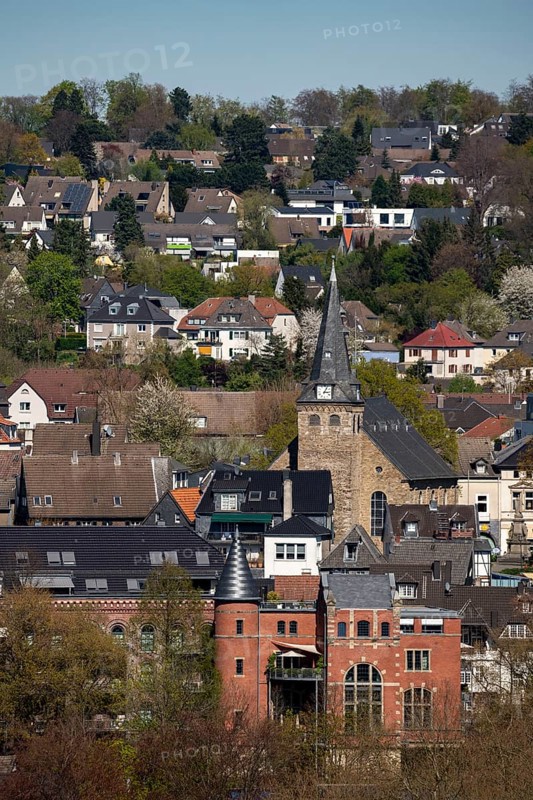 The old town centre of Essen-Kettwig, in the south of the city, with the market church, turbine house of the former Scheidt cloth factory, Essen, Germany, Europe