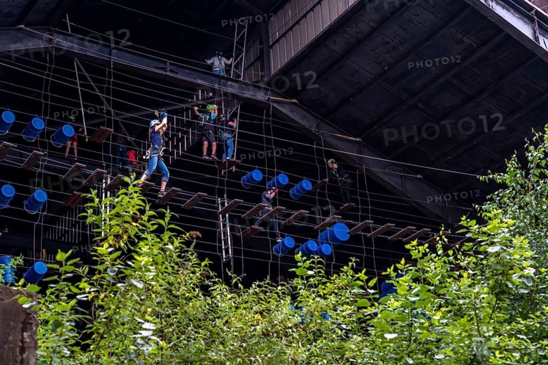 Landschaftspark Duisburg Nord, high ropes course, high ropes course, in the former foundry hall of blast furnace 2, North Rhine-Westphalia, Germany, Europe