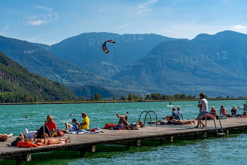 Gretl am See lido on Lake Kaltern, near the village of Kaltern, in the Adige Valley in South Tyrol, one of the two warmest lakes in the Alps, bathing lake, surrounded by vineyards and apple orchards, Italy, Europe