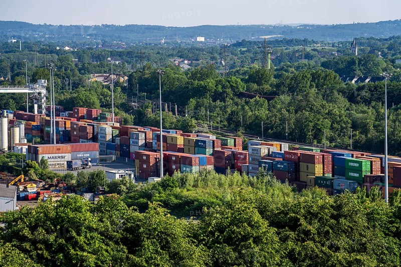 View of the CTD 2 Container Terminal Dortmund, bimodal truck/rail terminal, North Rhine-Westphalia, Germany, from the Deusenberg spoil tip, Europe