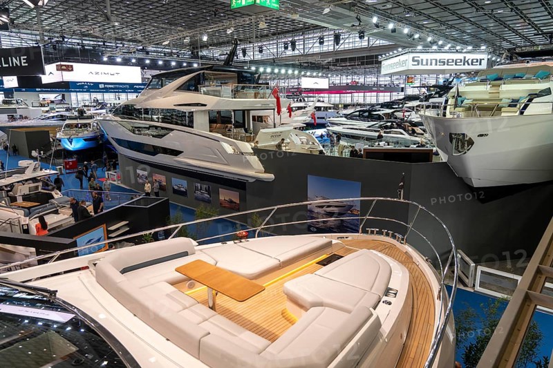 Large yachts, luxury yachts, in Hall 6 of BOOT 2024, the world's largest yacht and water sports trade fair in Düsseldorf, North Rhine-Westphalia, Germany, Europe
